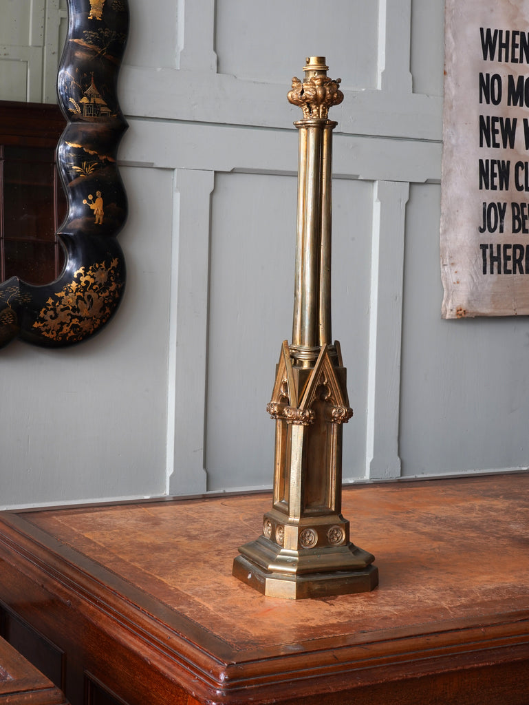 19th Century Gilt Brass Gothic Table Lamp