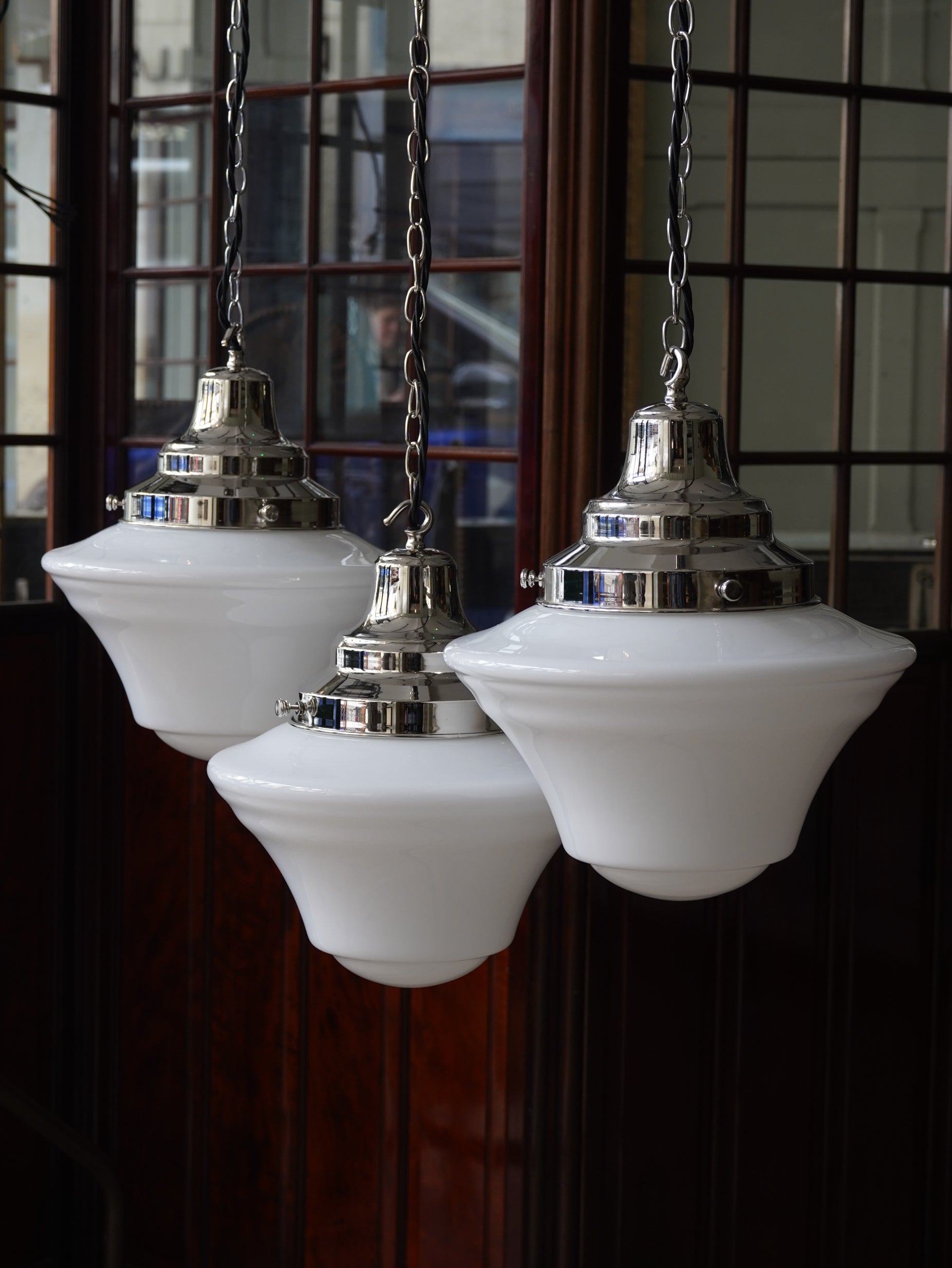 The Draughtsman Opaline Glass Pendant Light in Nickel