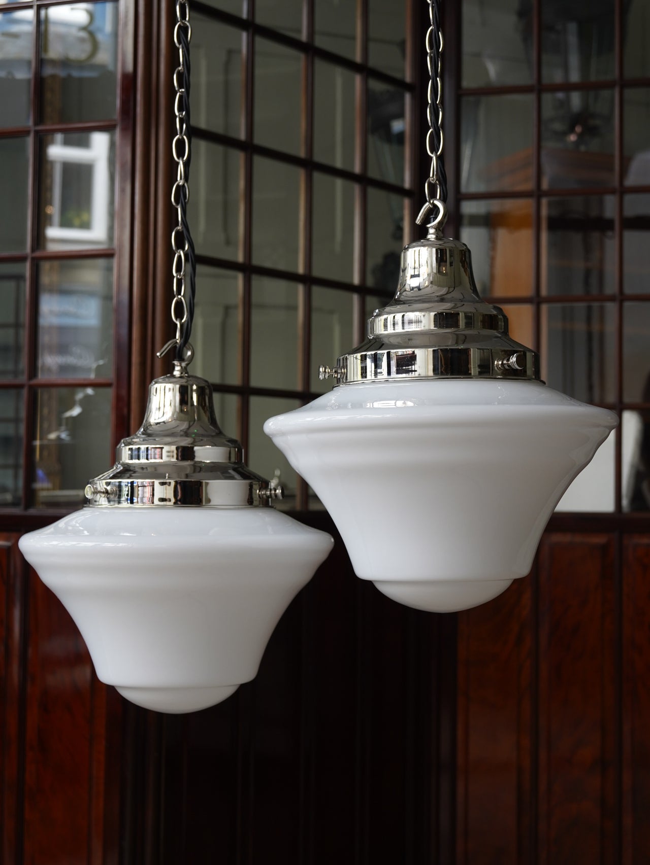 The Draughtsman Opaline Glass Pendant Light in Nickel