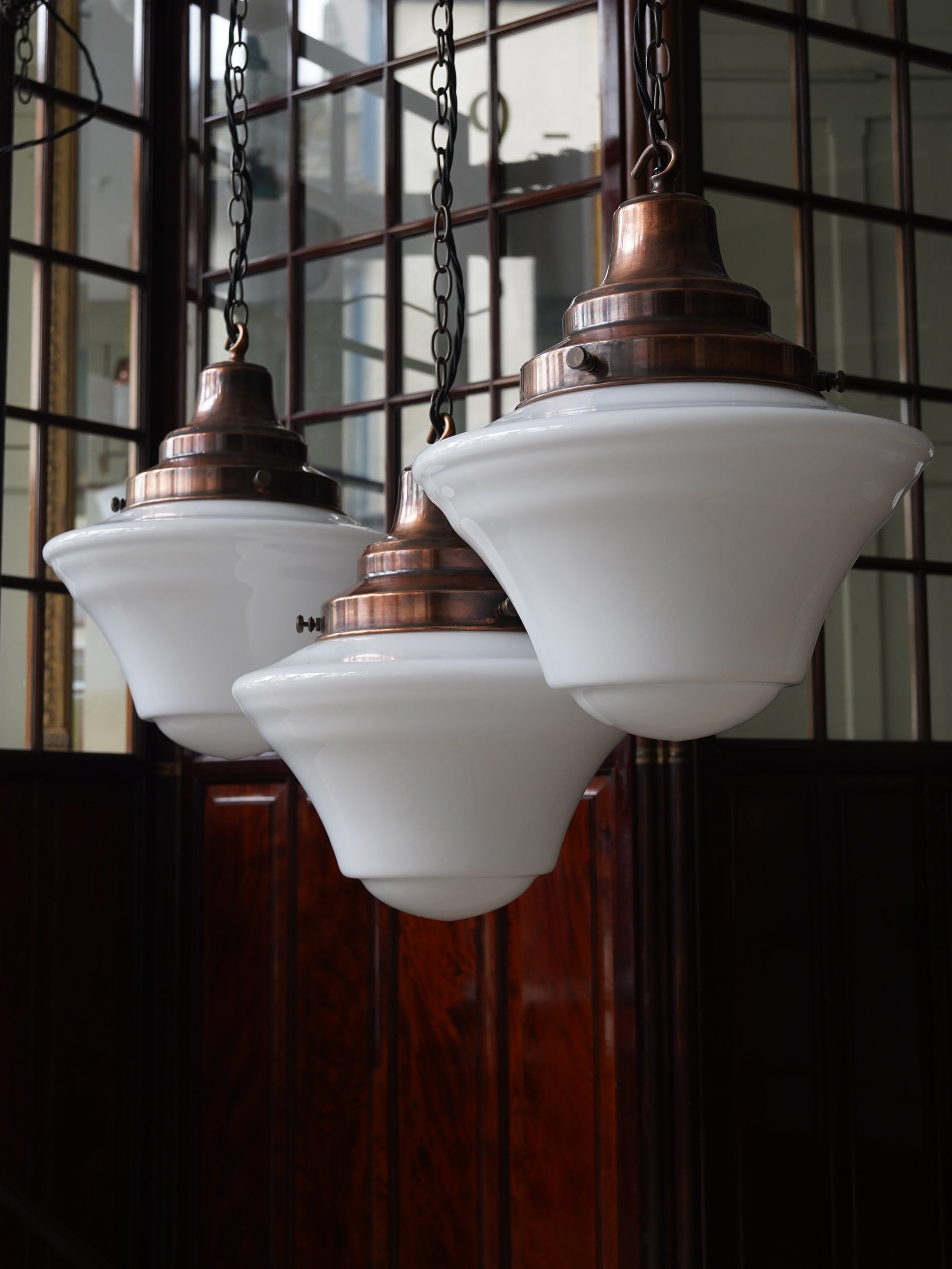 The Draughtsman Opaline Glass Pendant in Patinated Copper