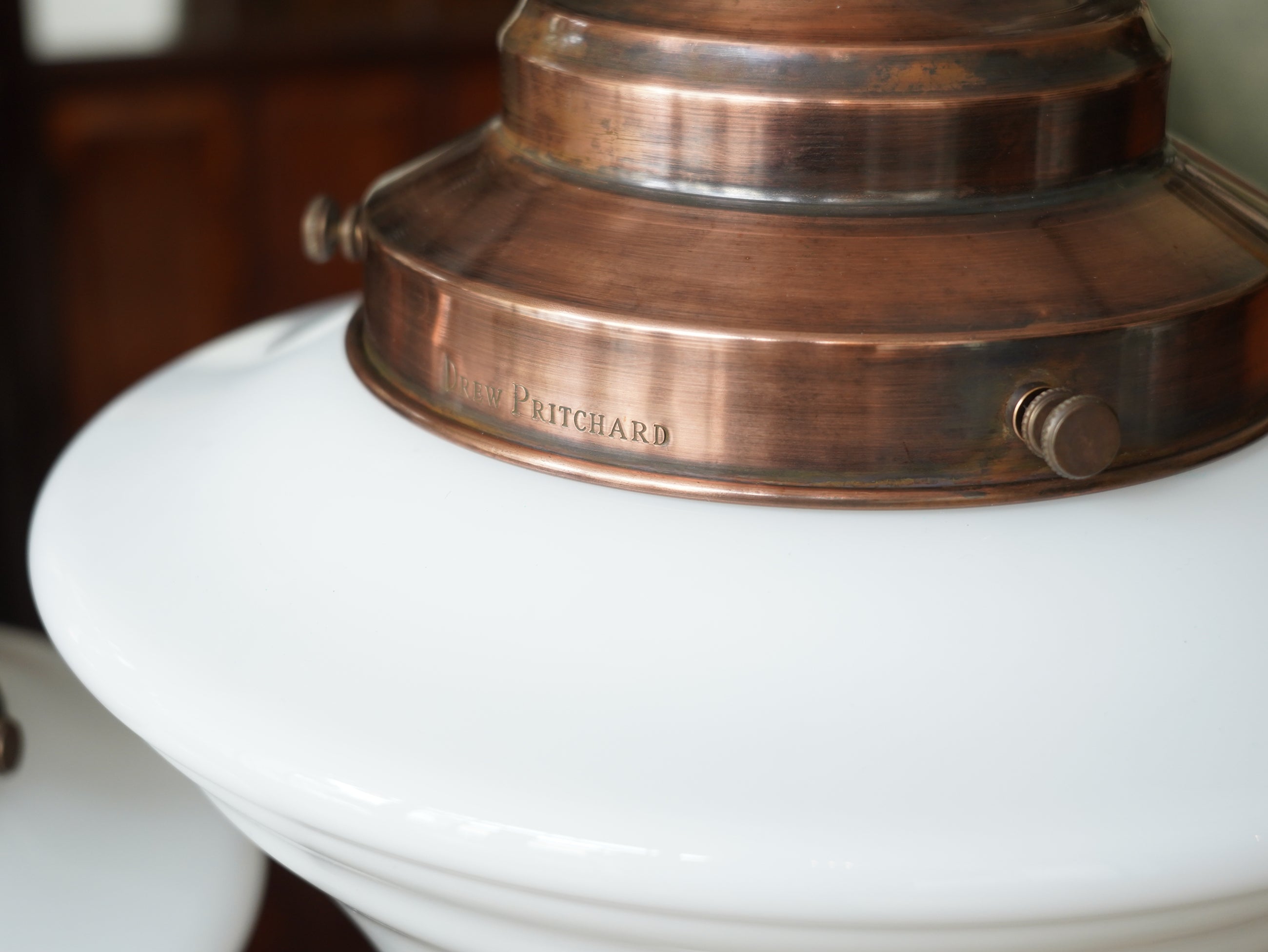 The Draughtsman Opaline Glass Pendant in Patinated Copper
