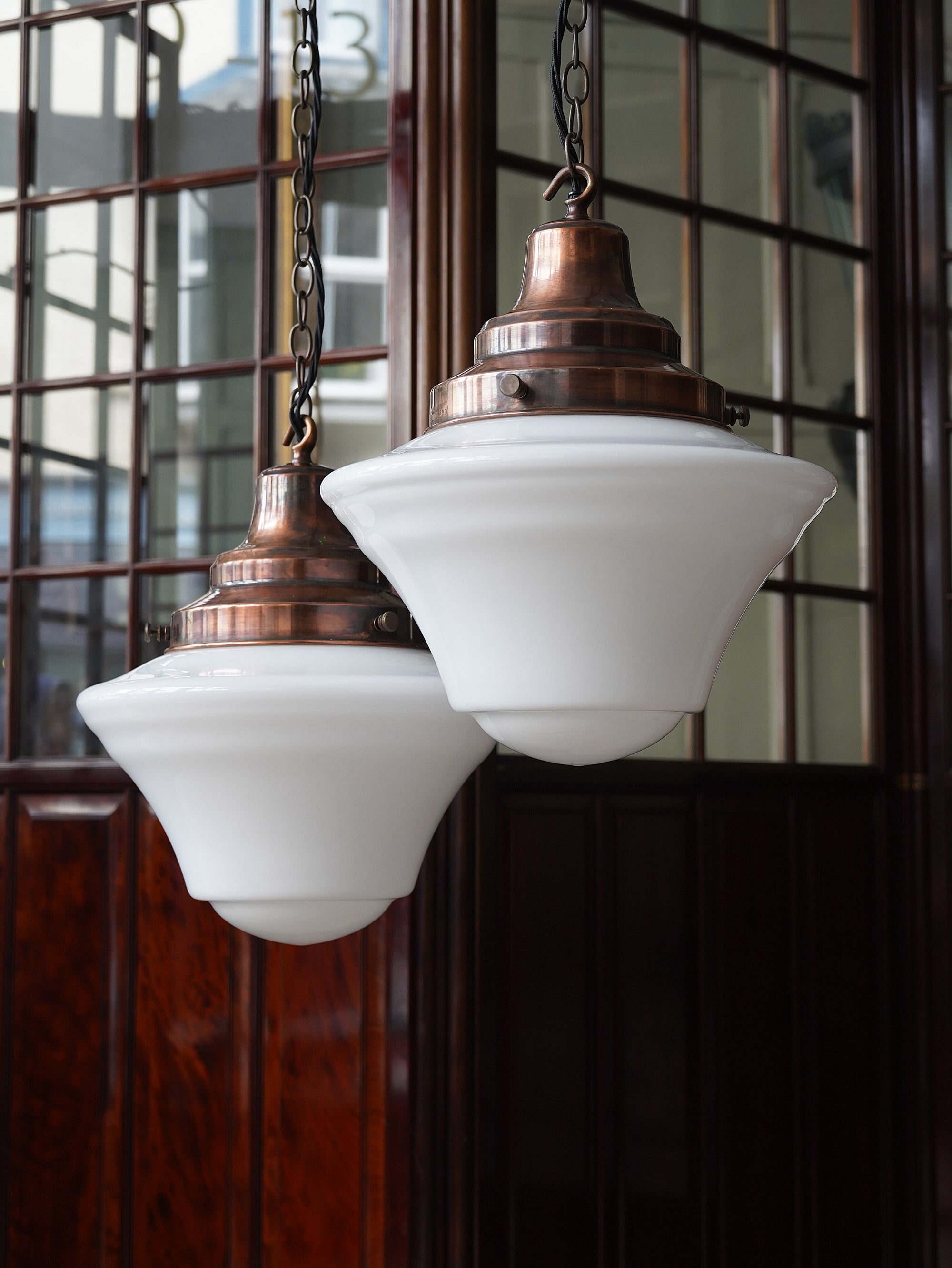 The Draughtsman Opaline Glass Pendant in Patinated Copper