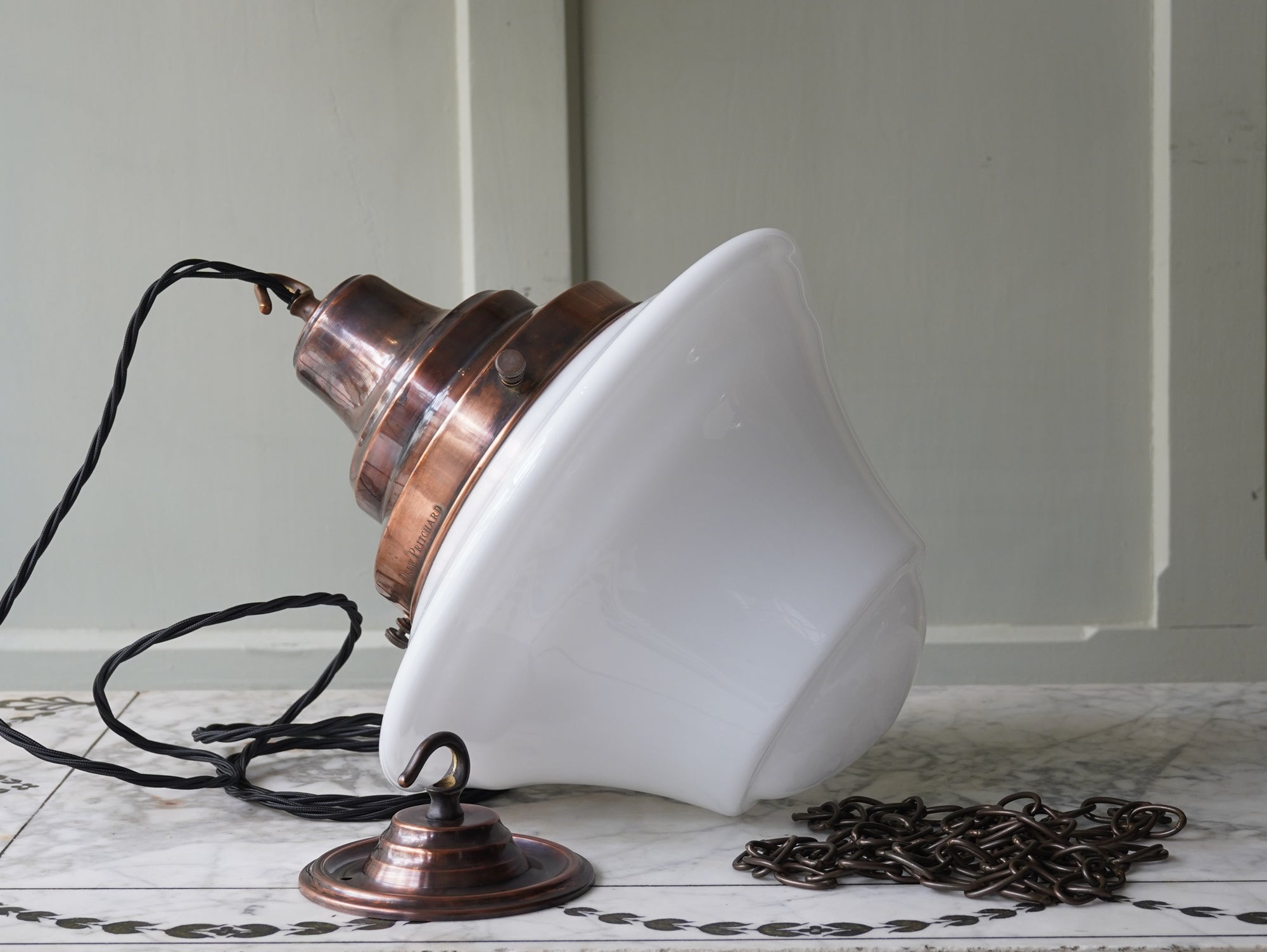 The Draughtsman Opaline Glass Pendant in Patinated Copper