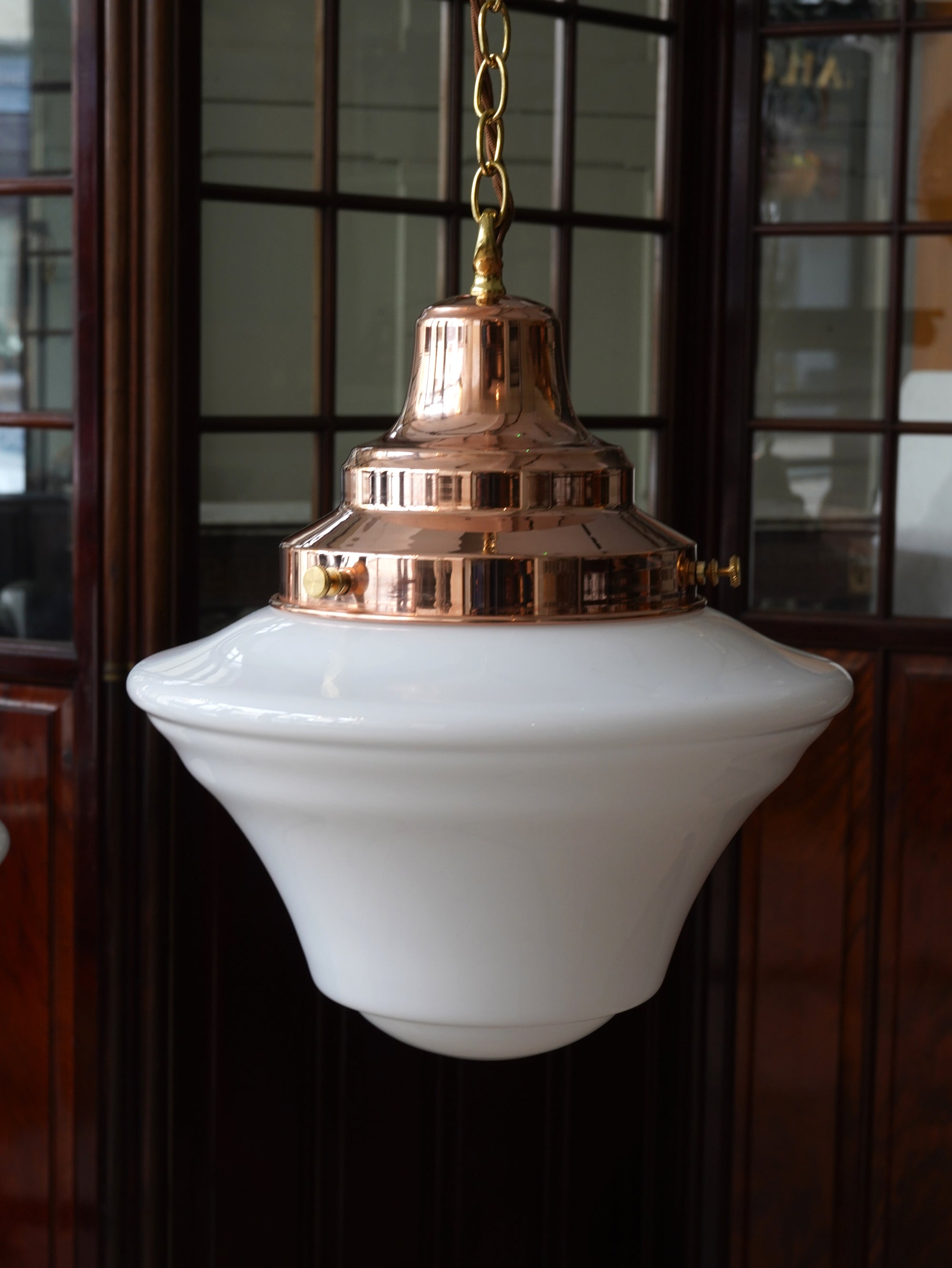 The Draughtsman Opaline Glass Pendant Light in Polished Copper