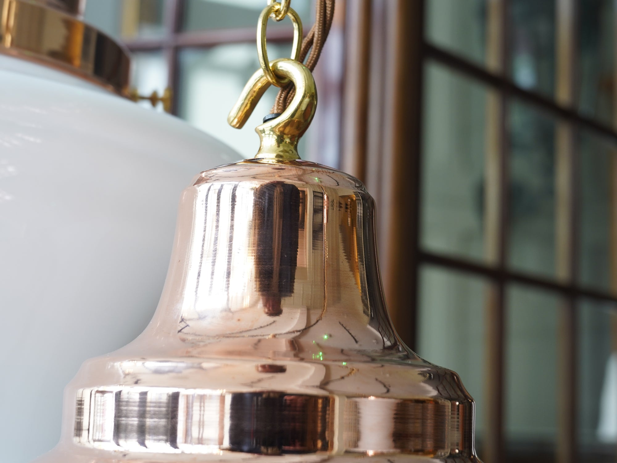 The Draughtsman Opaline Glass Pendant Light in Polished Copper