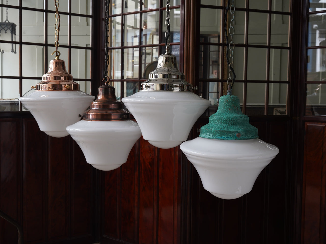 The Draughtsman Opaline Glass Pendant Light in Polished Copper