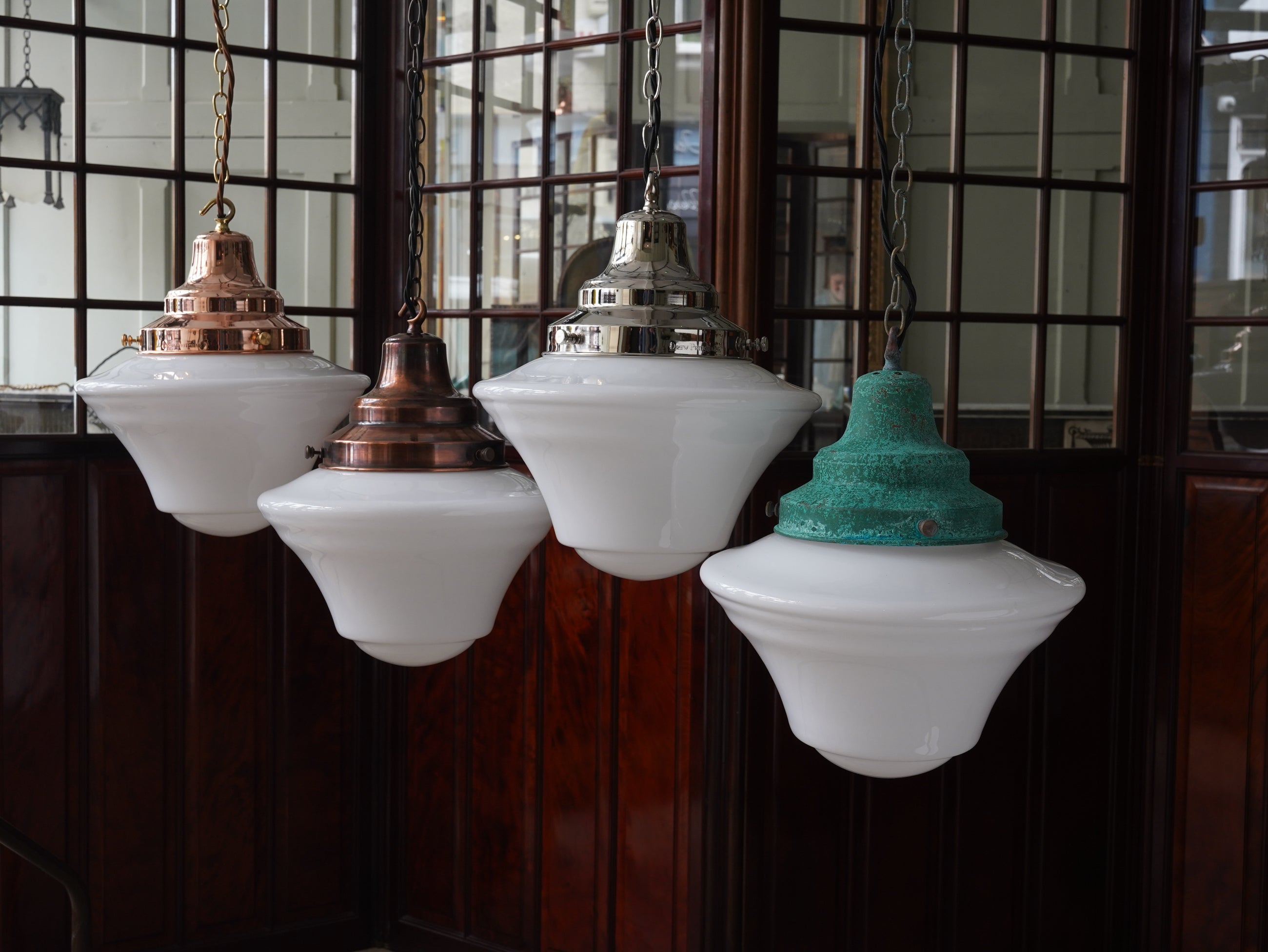 The Draughtsman Opaline Glass Pendant Light in Polished Copper