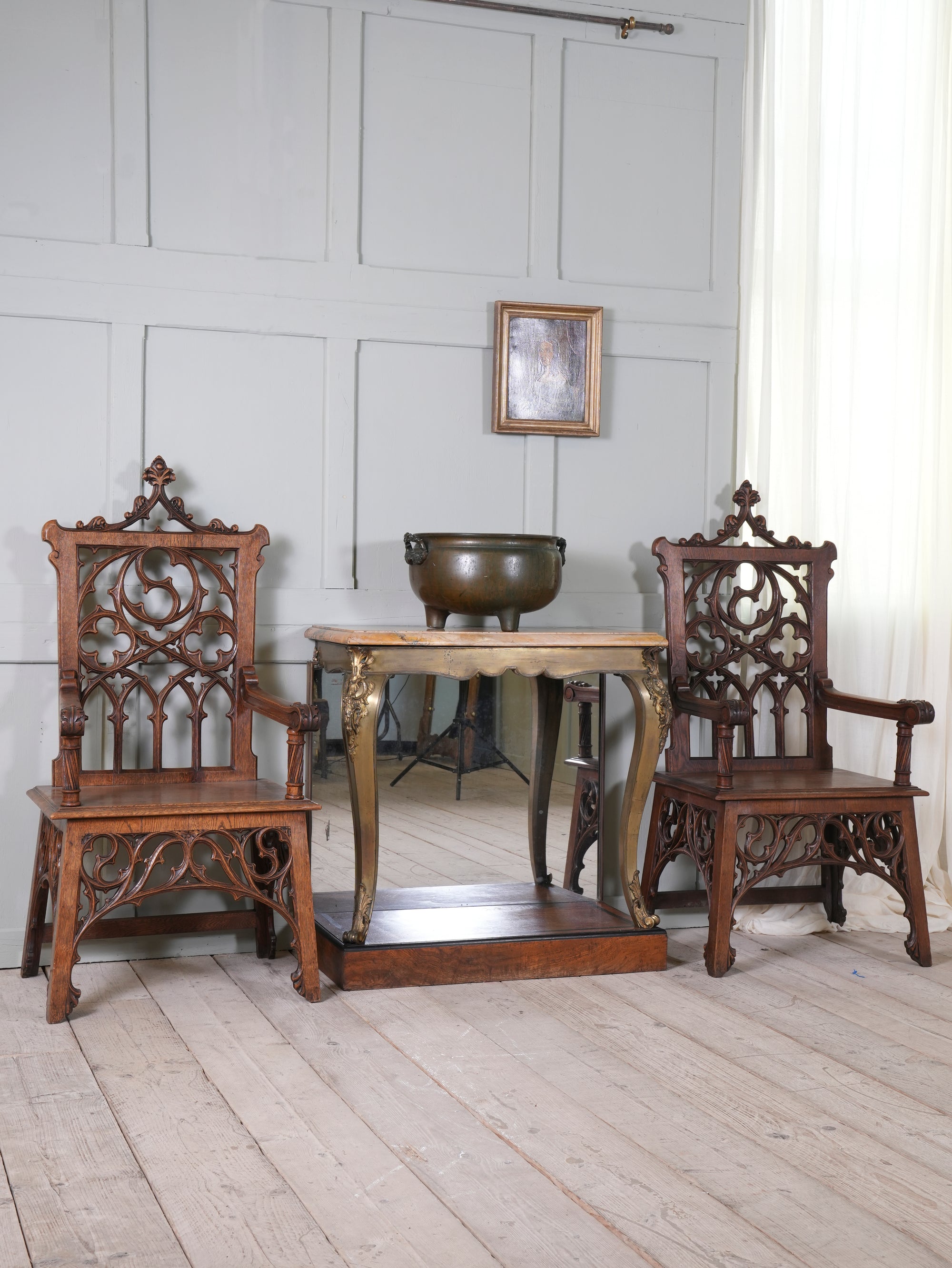 A Pair of 19th Century Oak Gothic Revival Armchairs