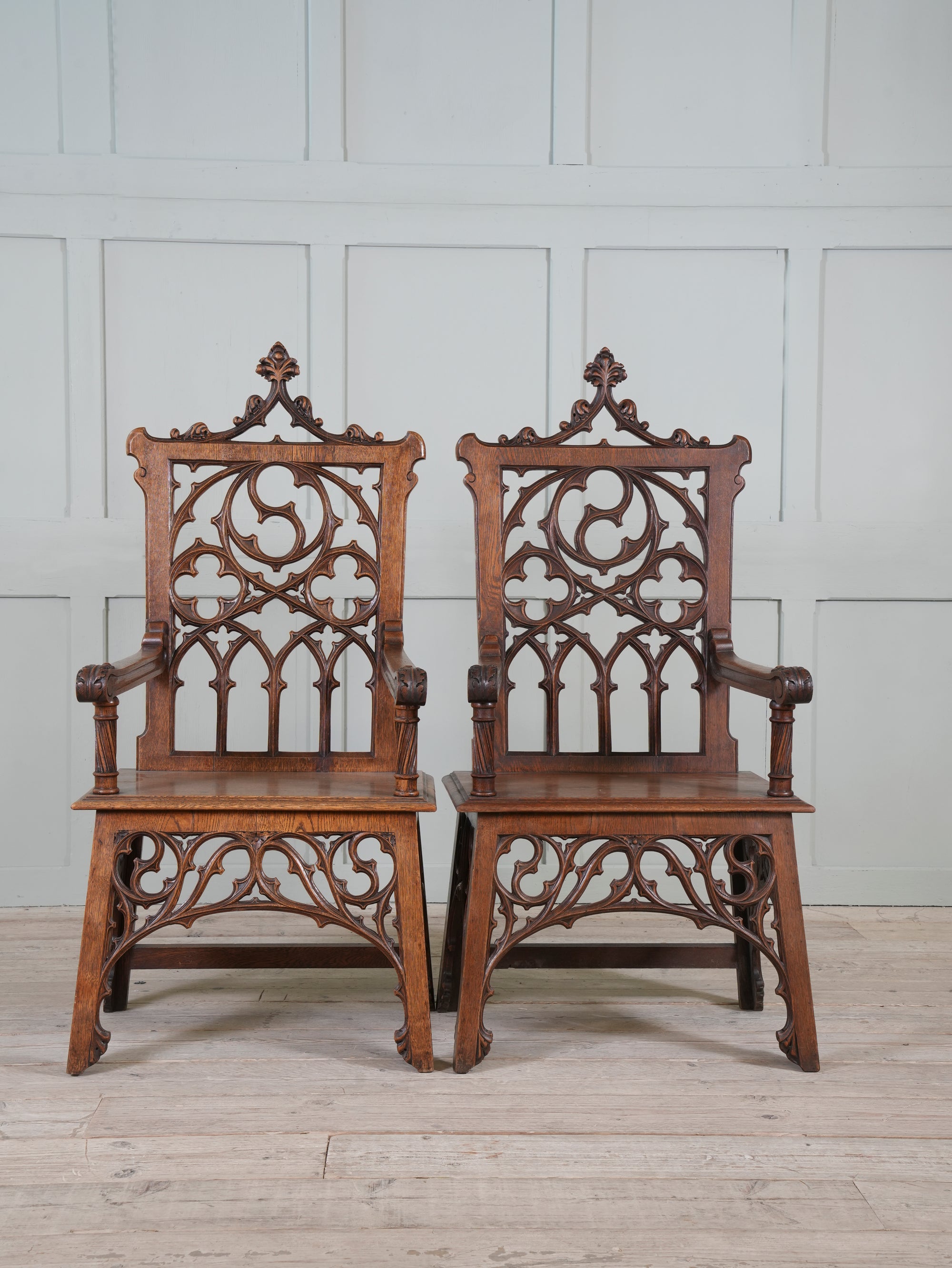 A Pair of 19th Century Oak Gothic Revival Armchairs