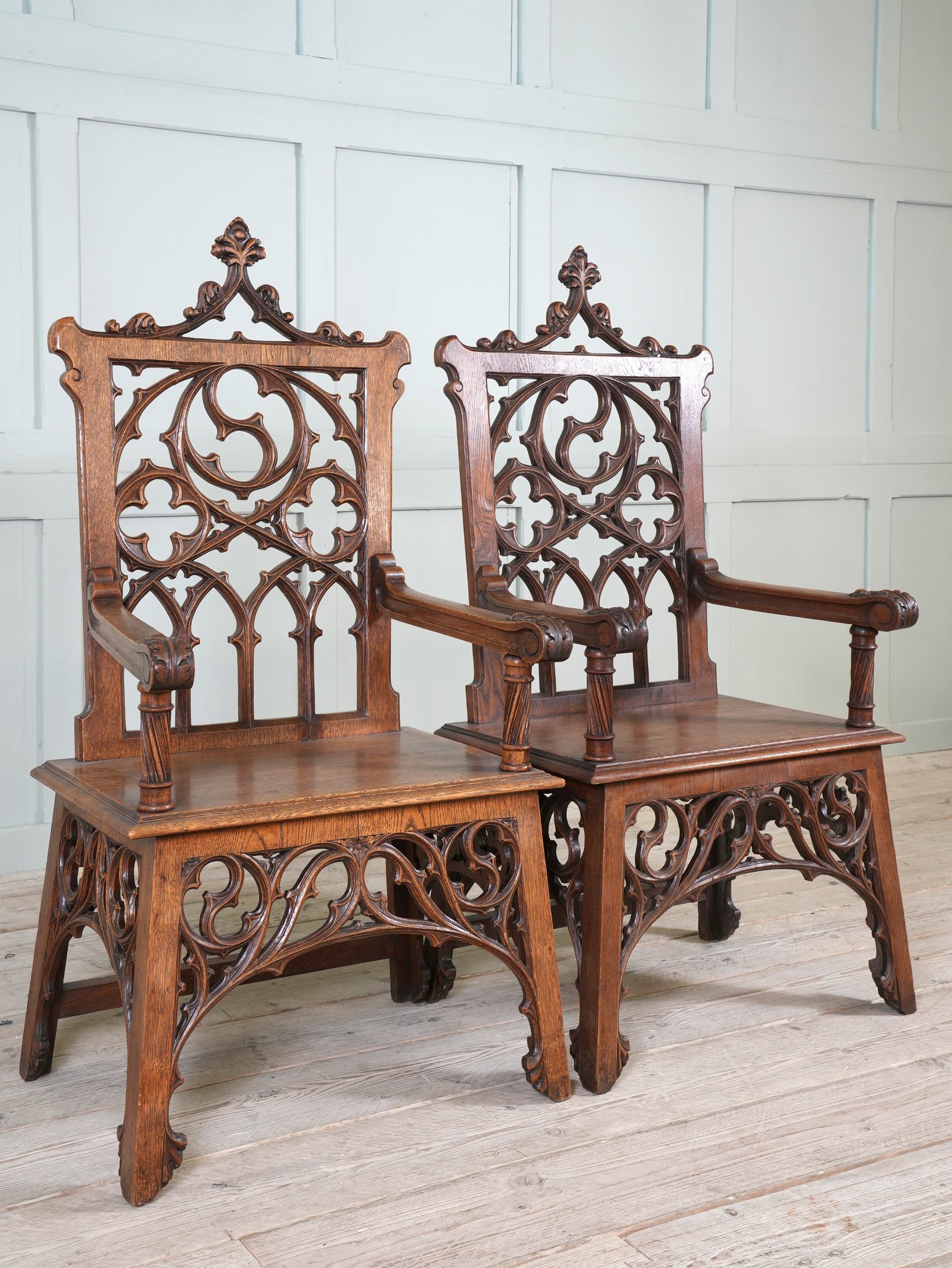 A Pair of 19th Century Oak Gothic Revival Armchairs