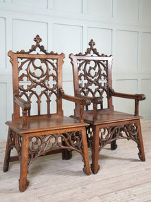 A Pair of 19th Century Oak Gothic Revival Armchairs