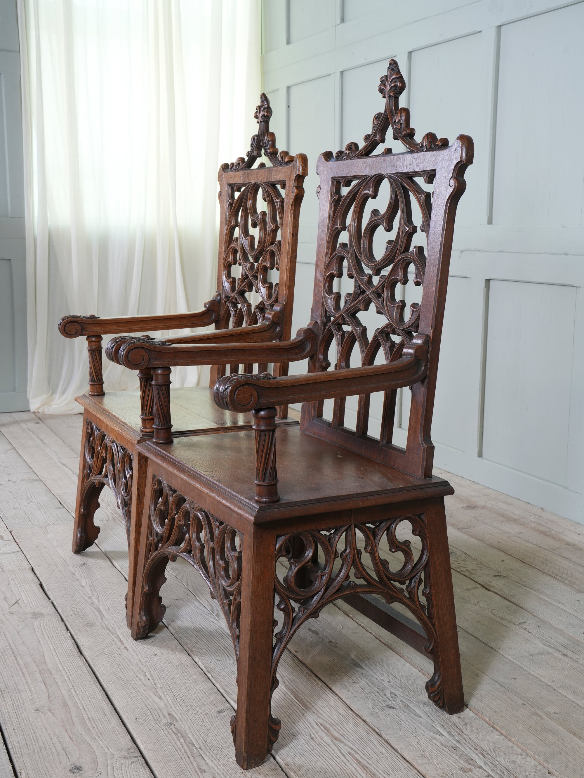 A Pair of 19th Century Oak Gothic Revival Armchairs