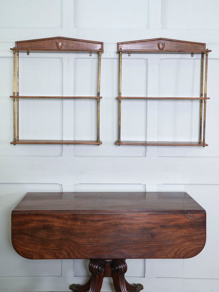 A Pair of Gilt Brass & Oak Hanging Shelves