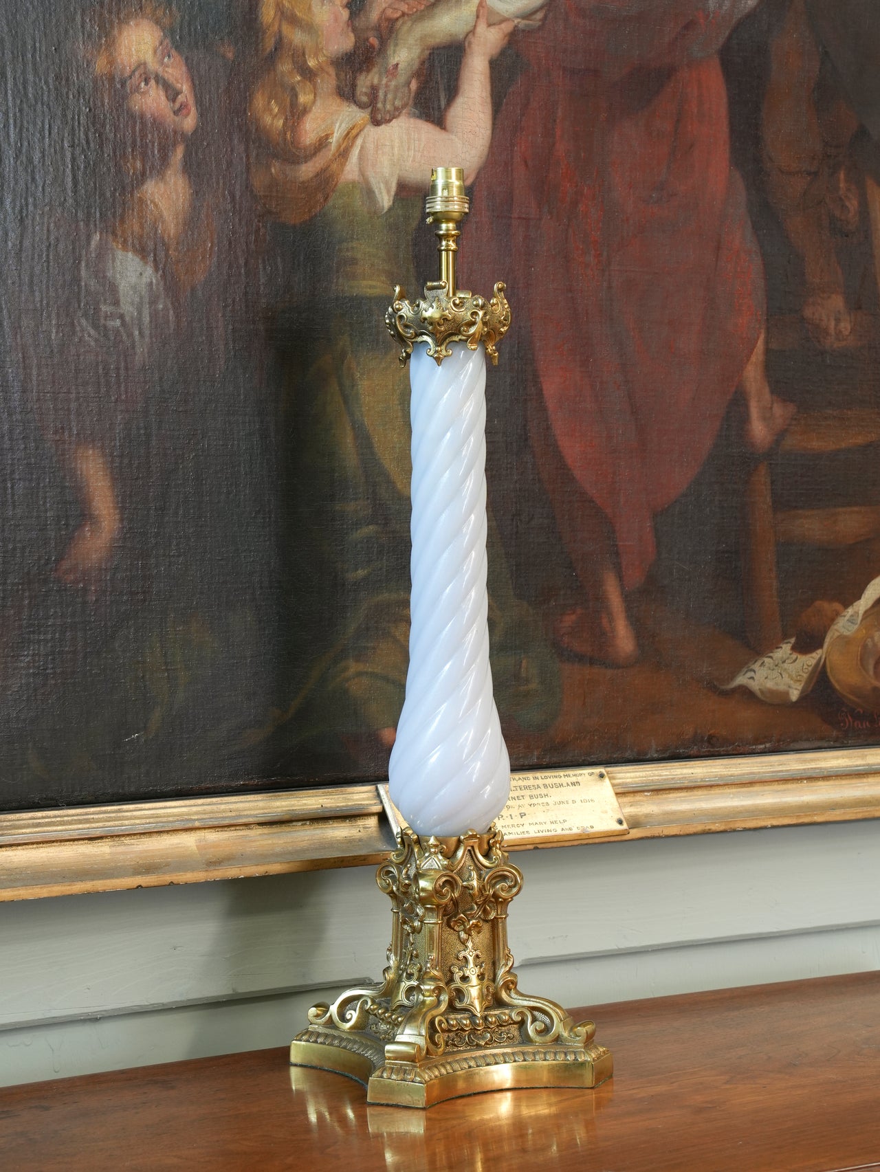 A Large Polished Brass & Opaline Glass Table Lamp