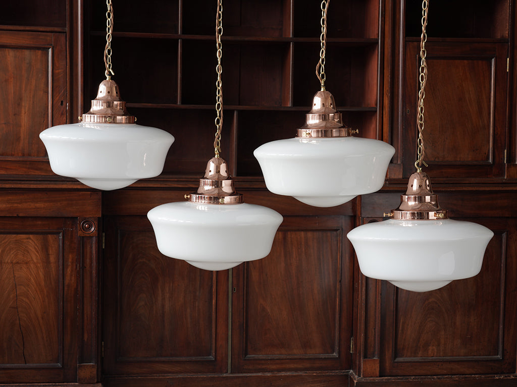 The Capel Mawr Opaline Glass Pendant in Polished Copper