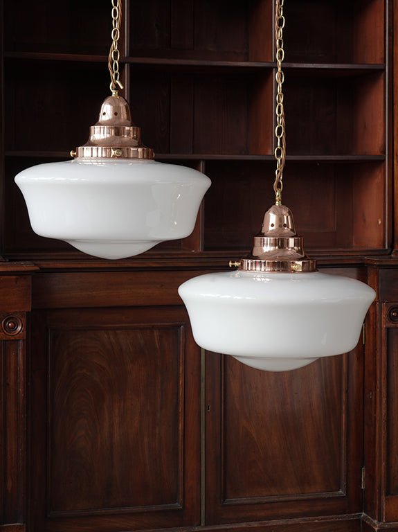 The Capel Mawr Opaline Glass Pendant in Polished Copper