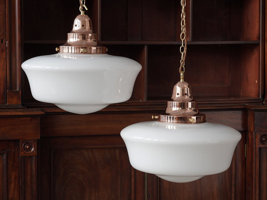 The Capel Mawr Opaline Glass Pendant in Polished Copper