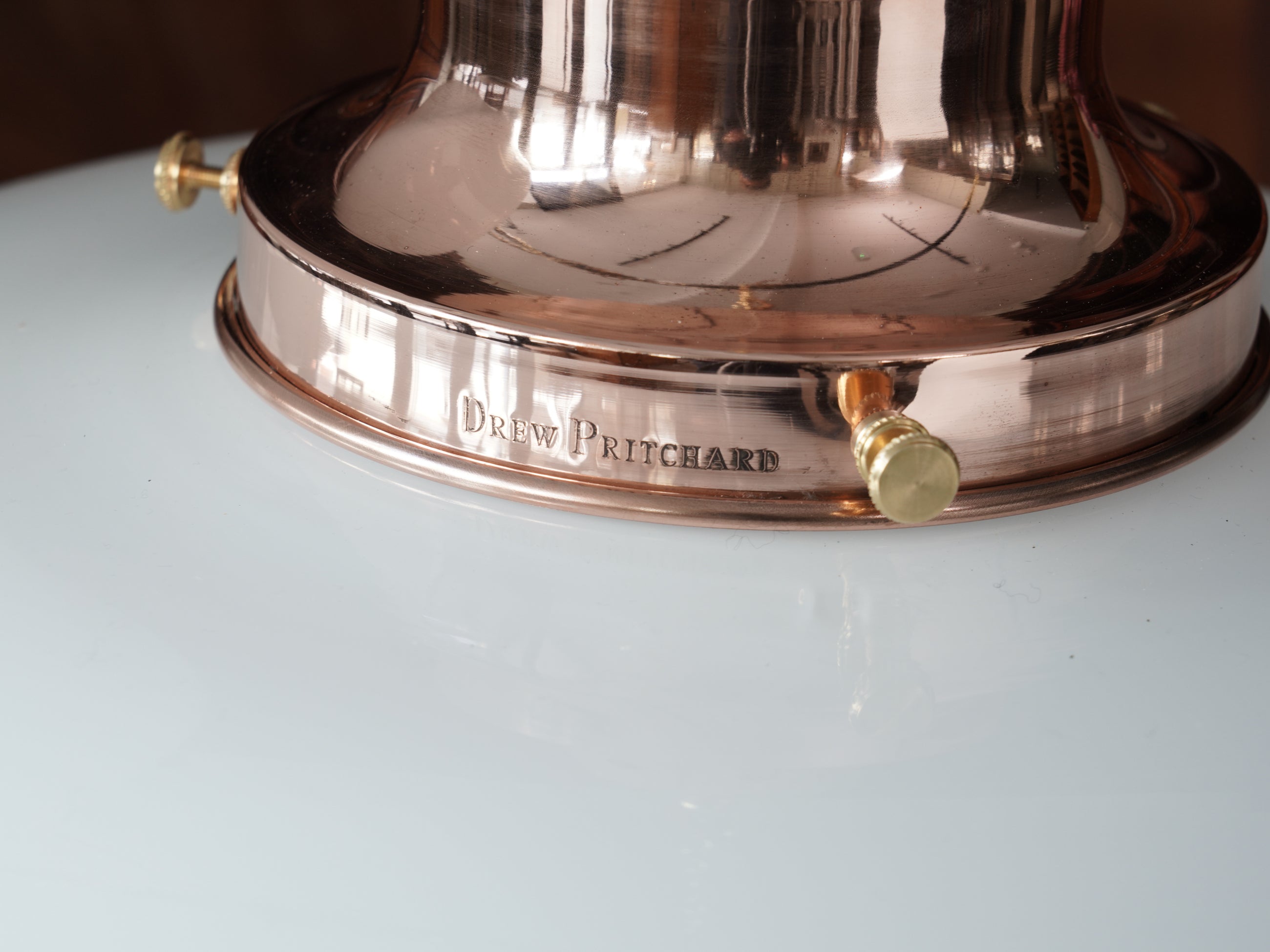 The Capel Mawr Opaline Glass Pendant in Polished Copper