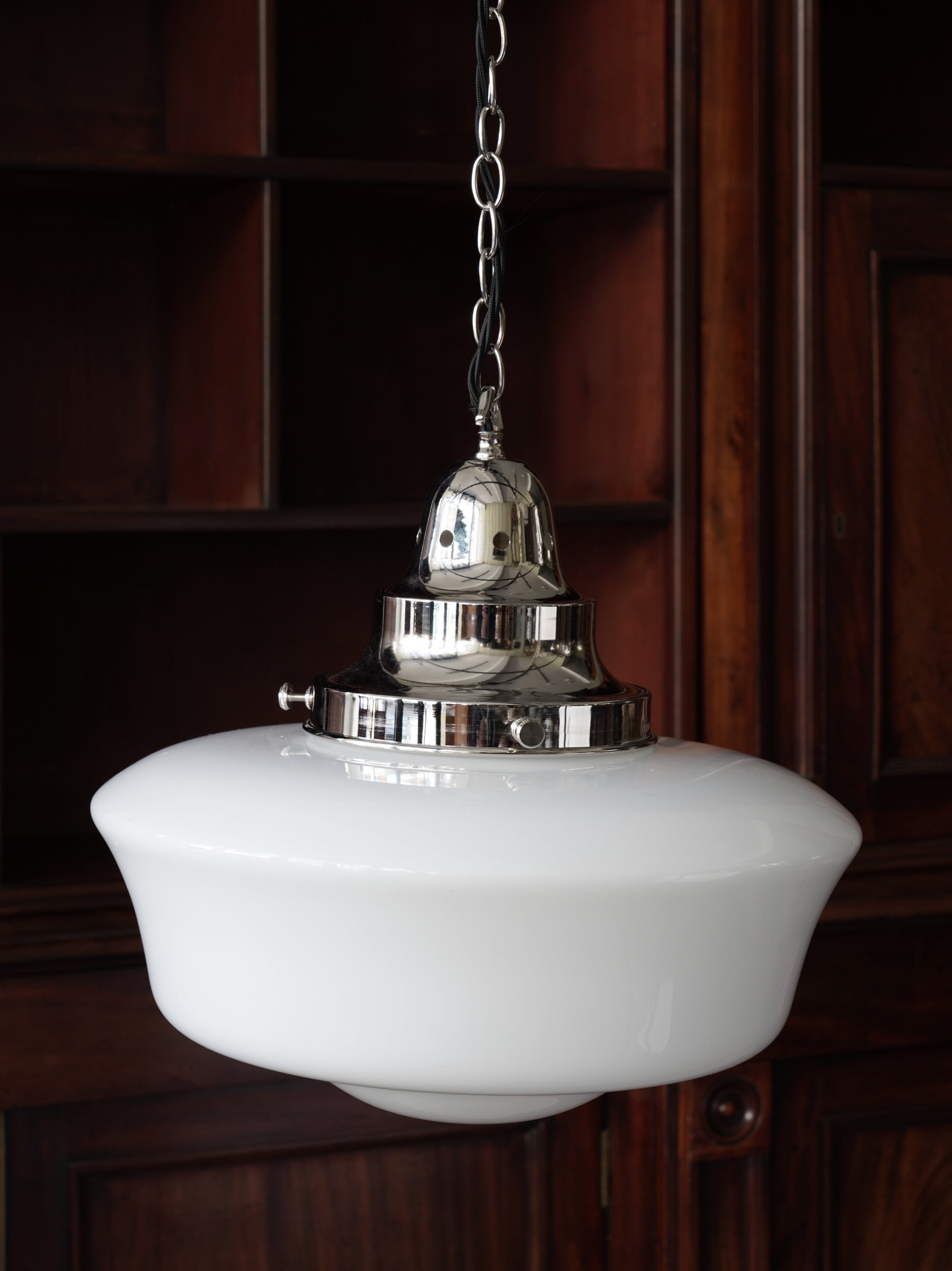 The Capel Mawr Opaline Glass Pendant in Nickel