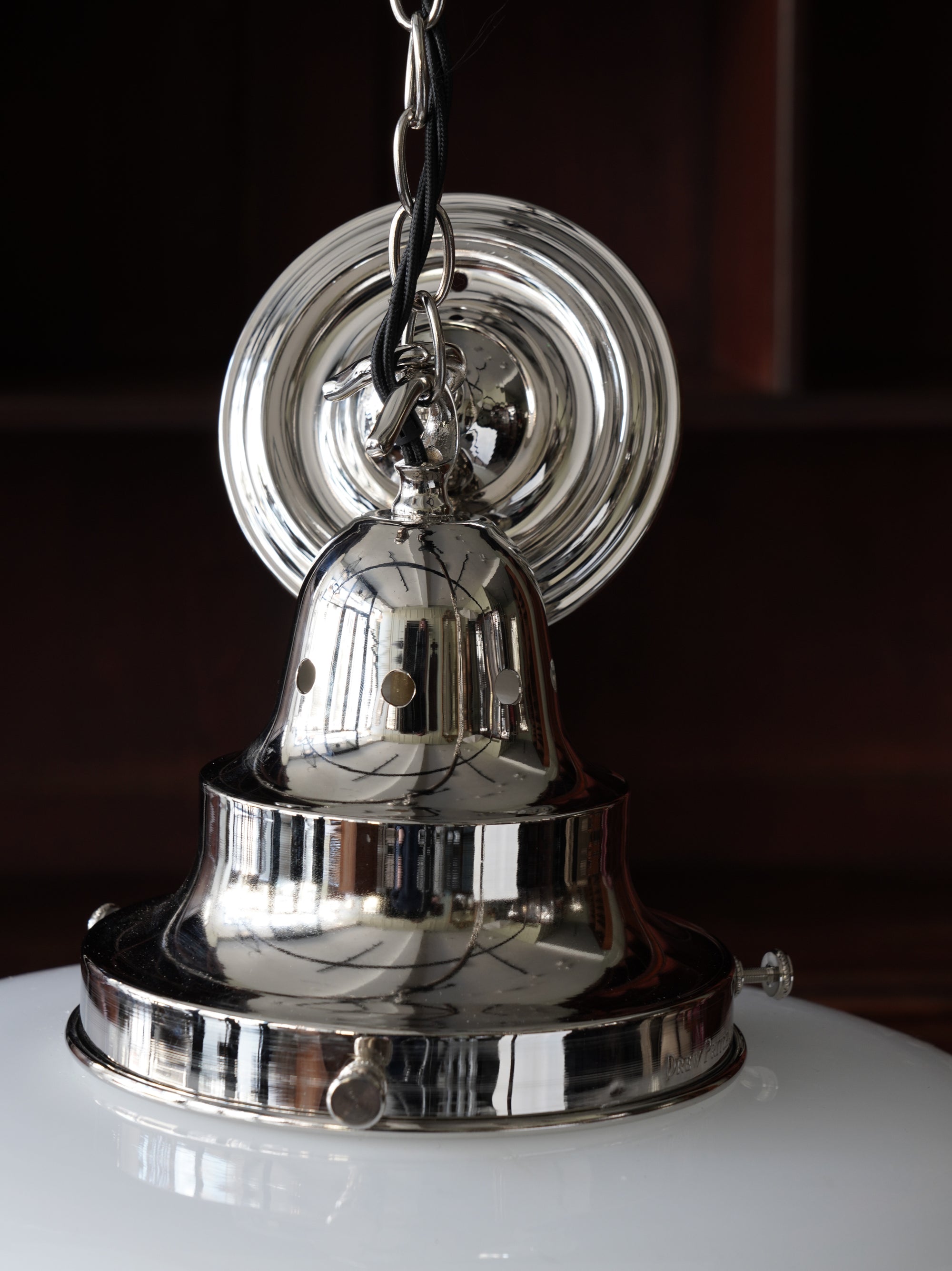 The Capel Mawr Opaline Glass Pendant in Nickel