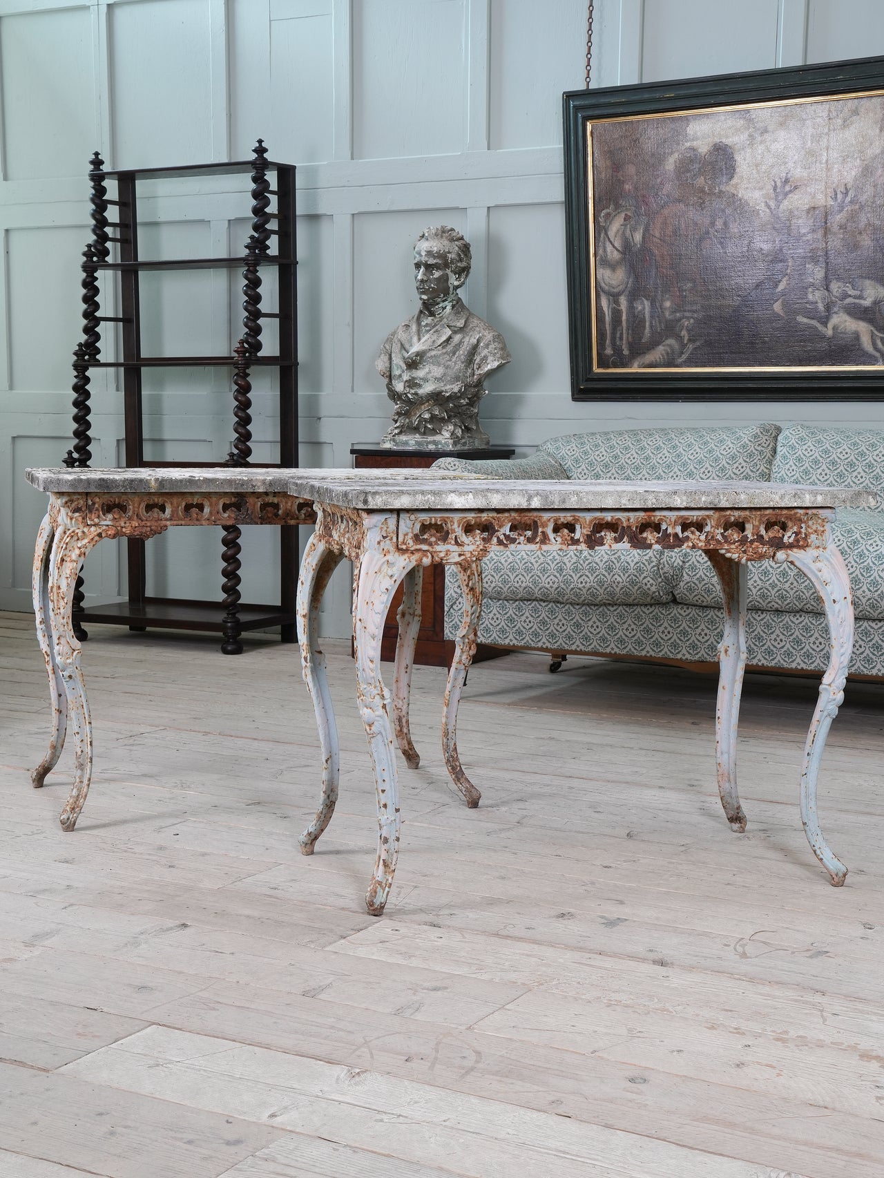 A Pair of Travertine Marble & Cast Iron Orangery Tables
