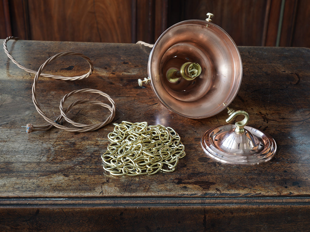The Capel Mawr Opaline Glass Pendant in Polished Copper