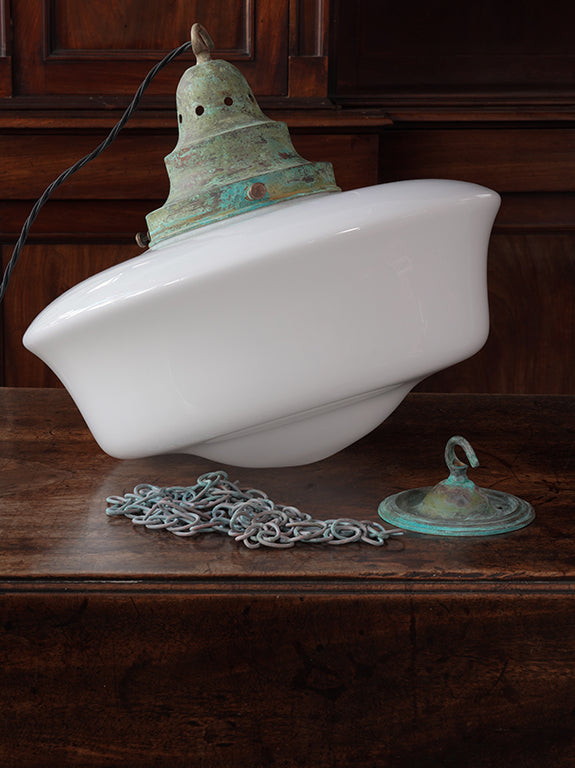 The Capel Mawr Opaline Glass Pendant in Verdigris