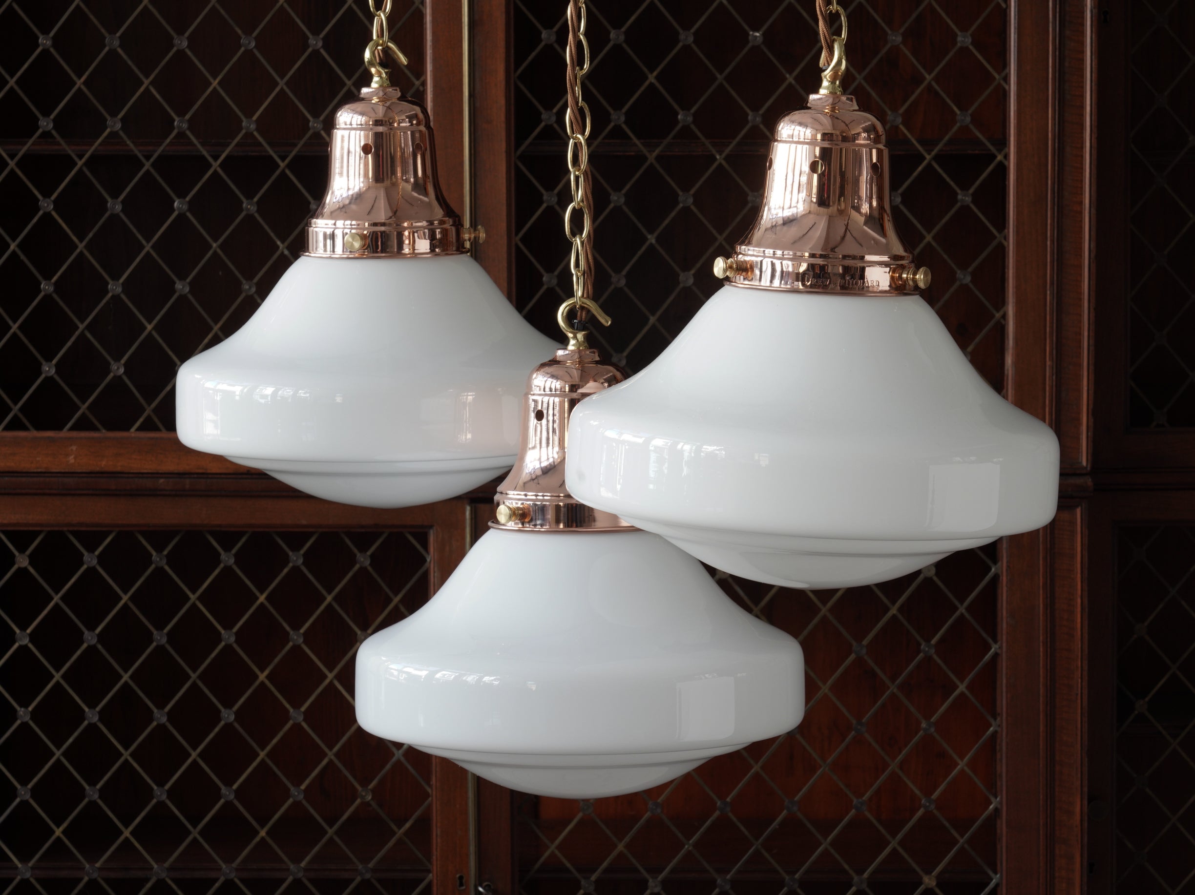 The Ellis Opaline Glass Pendant in Polished Copper