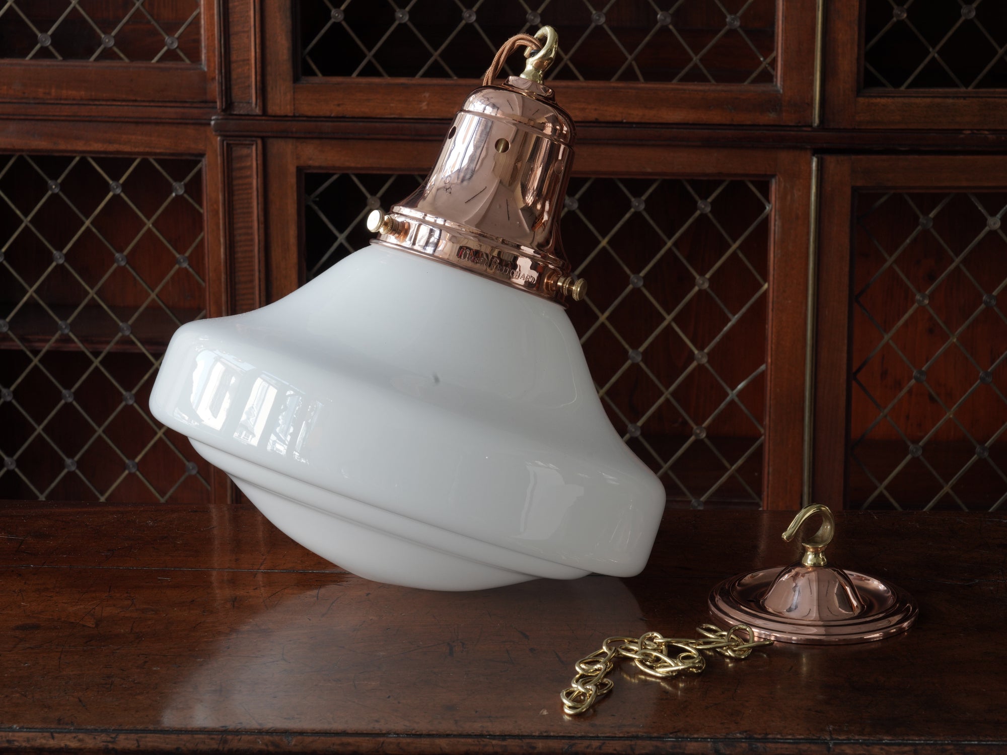 The Ellis Opaline Glass Pendant in Polished Copper