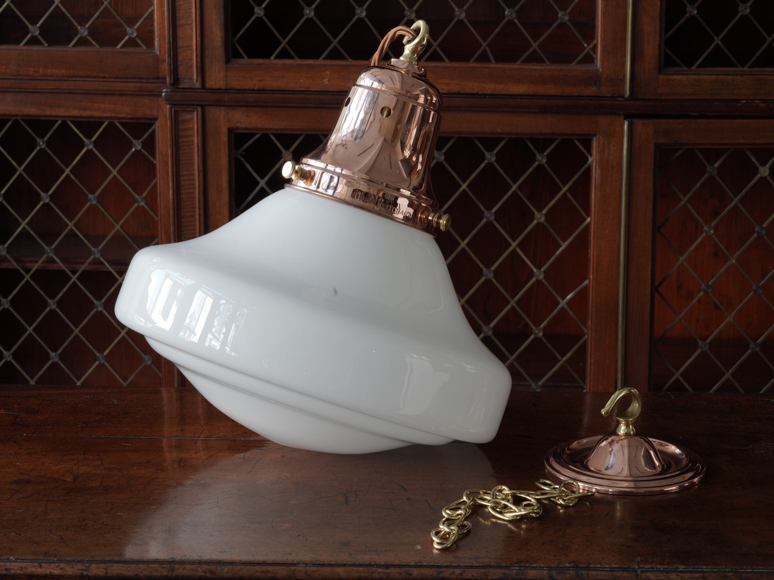 The Ellis Opaline Glass Pendant in Polished Copper