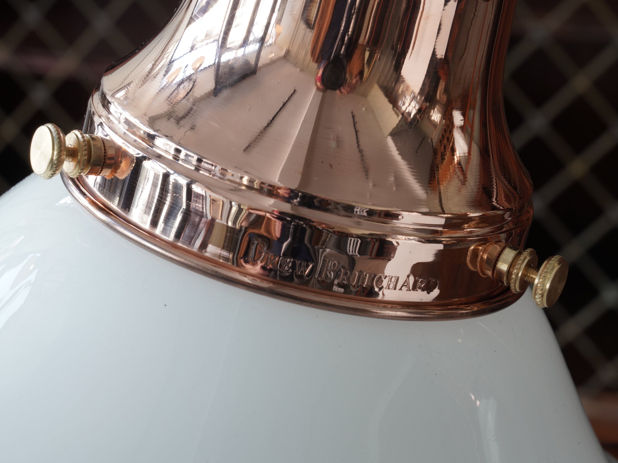 The Ellis Opaline Glass Pendant in Polished Copper