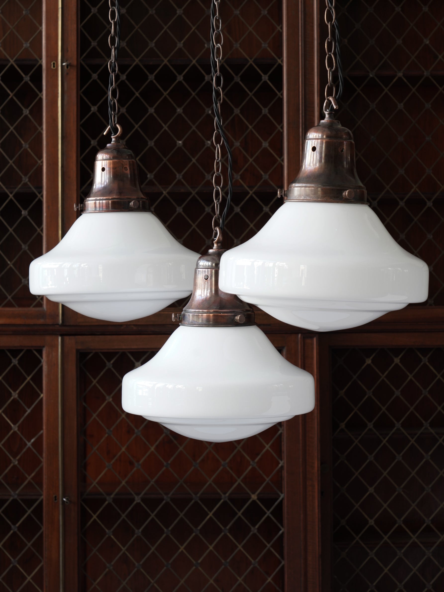 The Ellis Opaline Glass Pendant Light in Patinated Copper