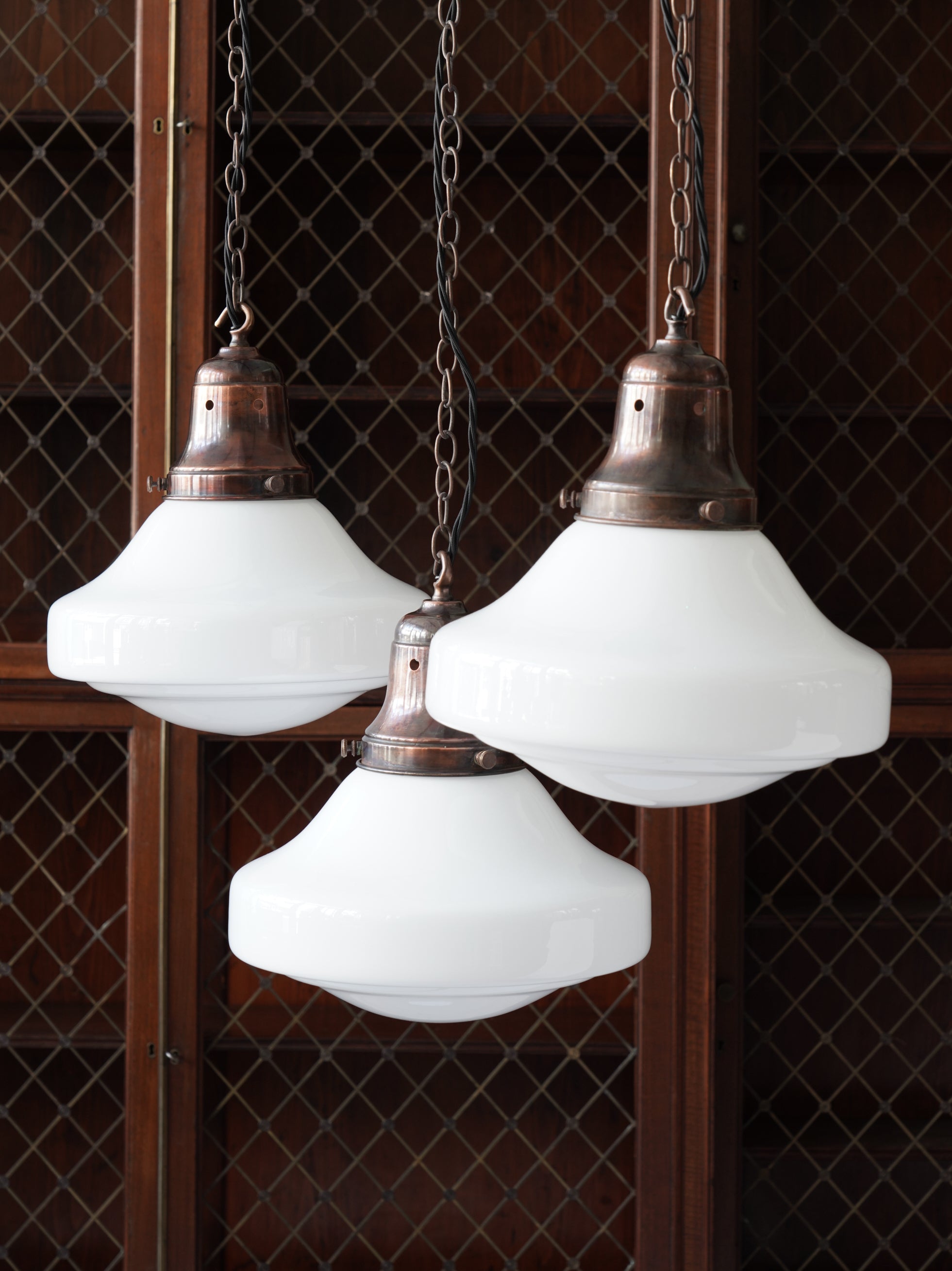 The Ellis Opaline Glass Pendant Light in Patinated Copper