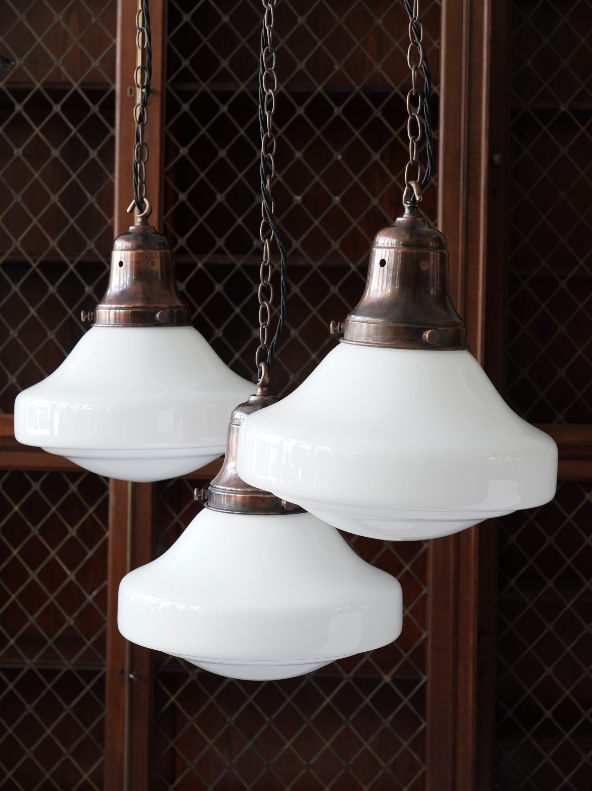 The Ellis Opaline Glass Pendant Light in Patinated Copper
