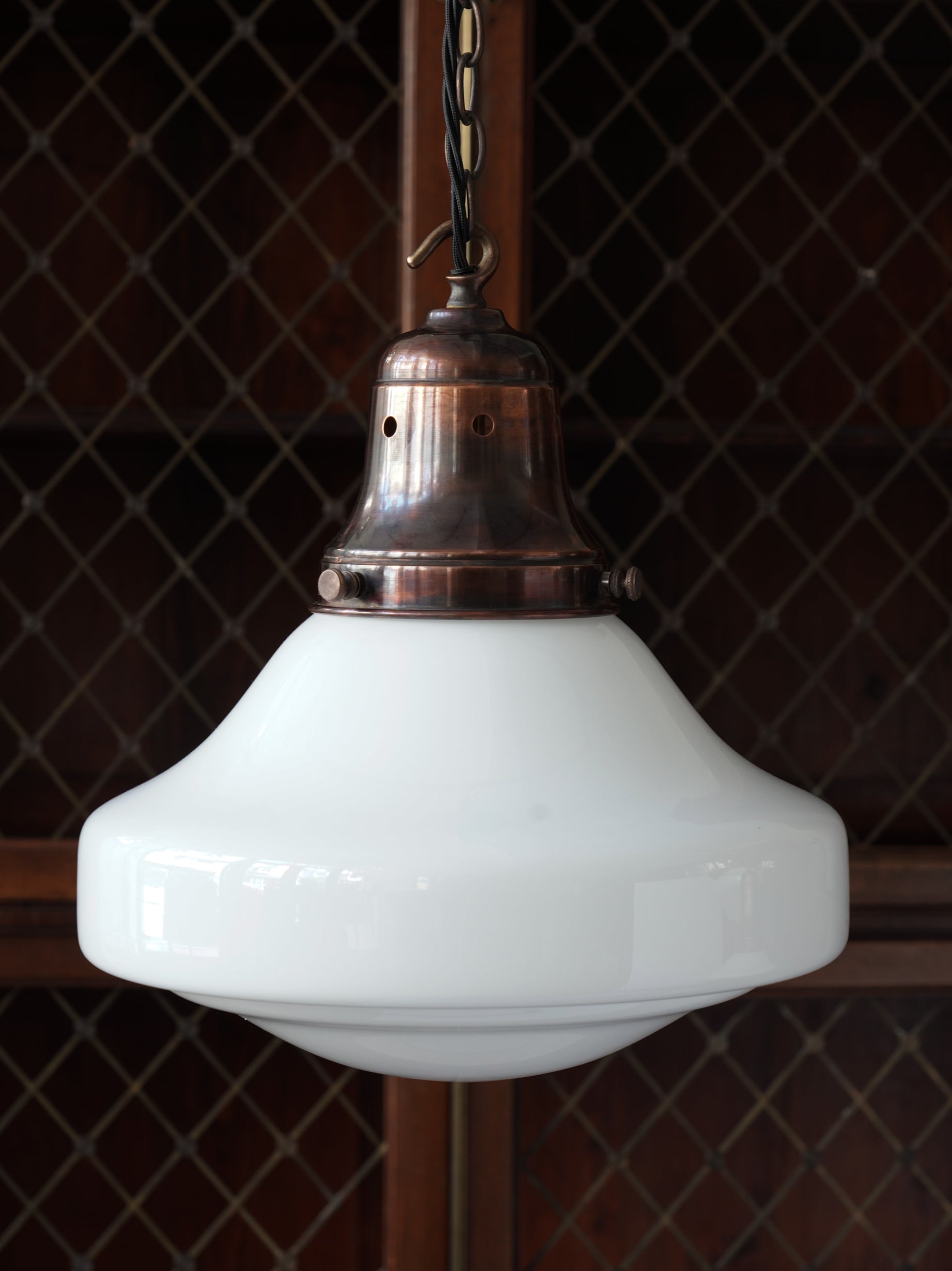 The Ellis Opaline Glass Pendant Light in Patinated Copper