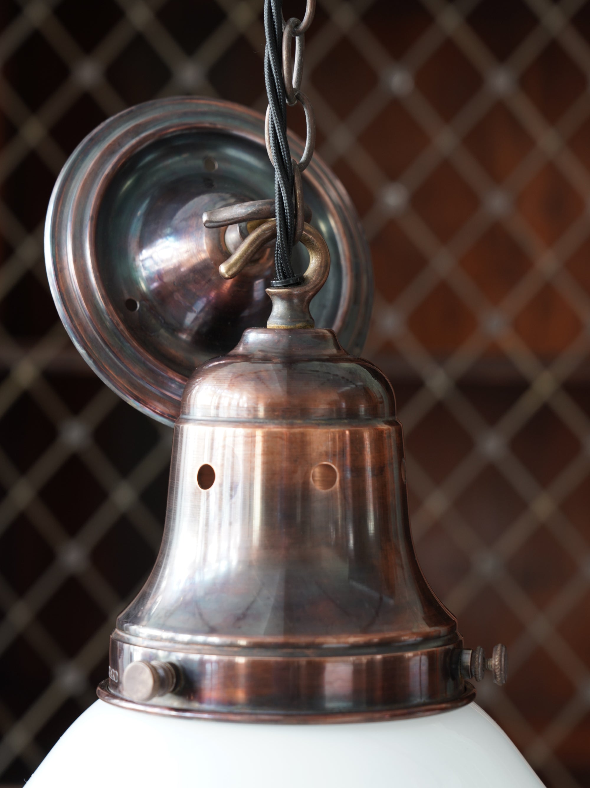 The Ellis Opaline Glass Pendant Light in Patinated Copper