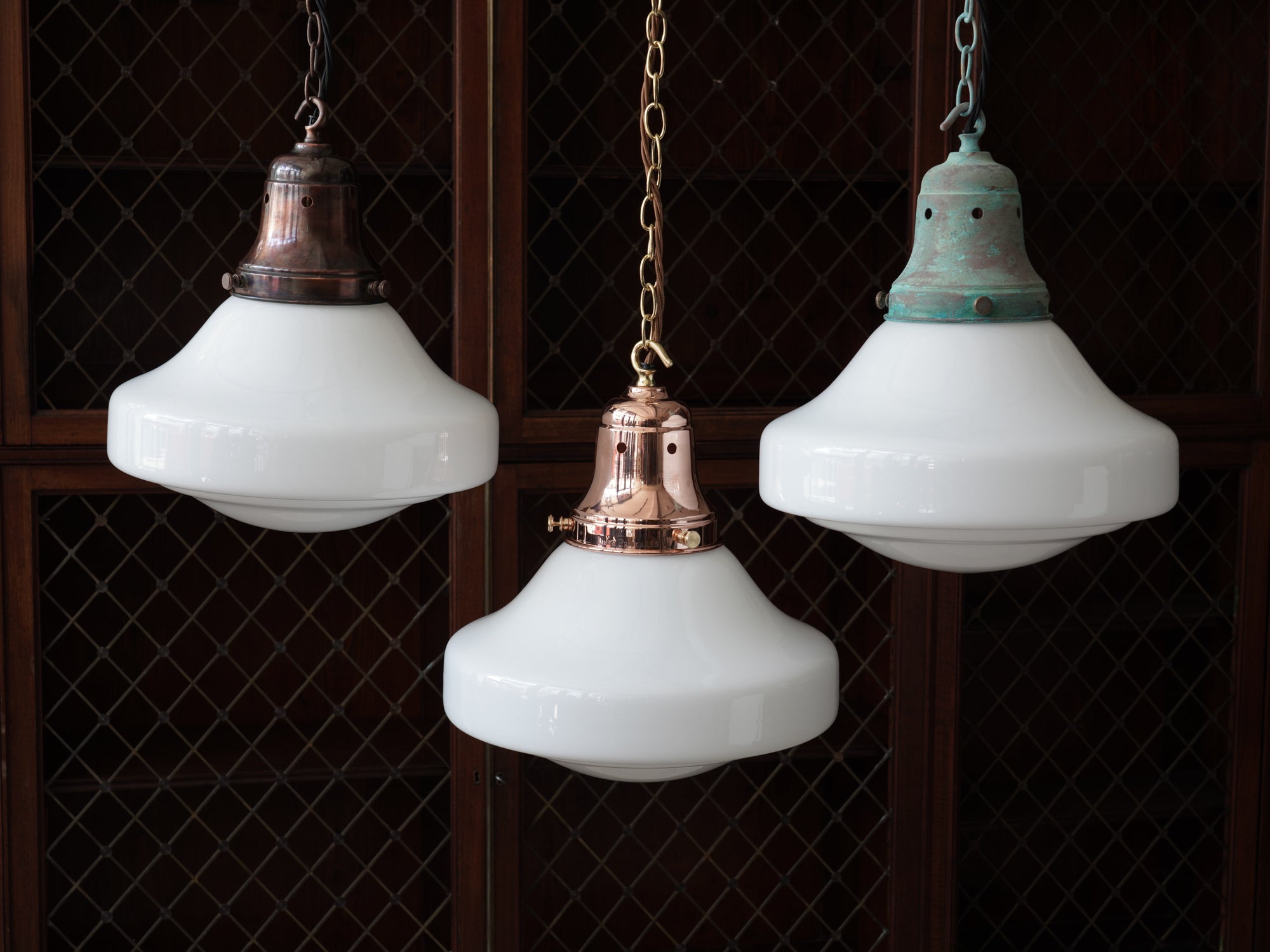 The Ellis Opaline Glass Pendant Light in Patinated Copper