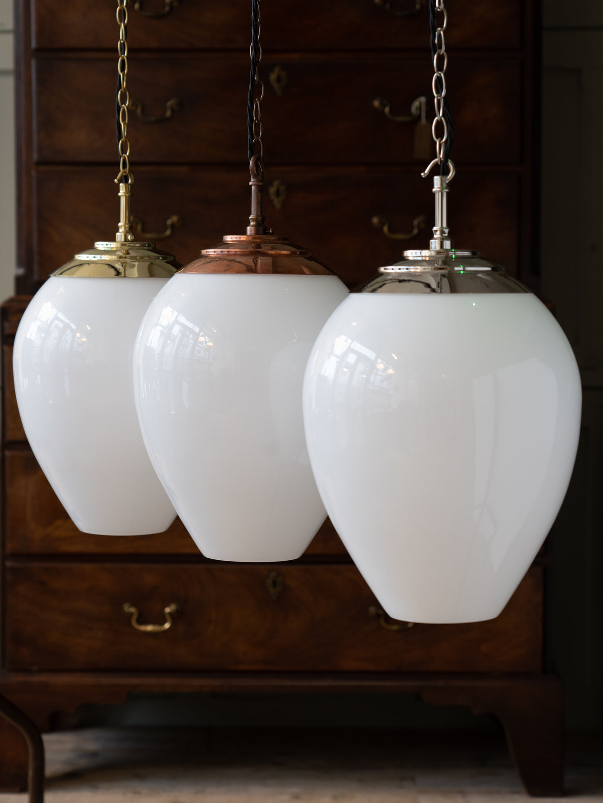 The Eirlys Opaline Glass Pendant in Patinated Copper